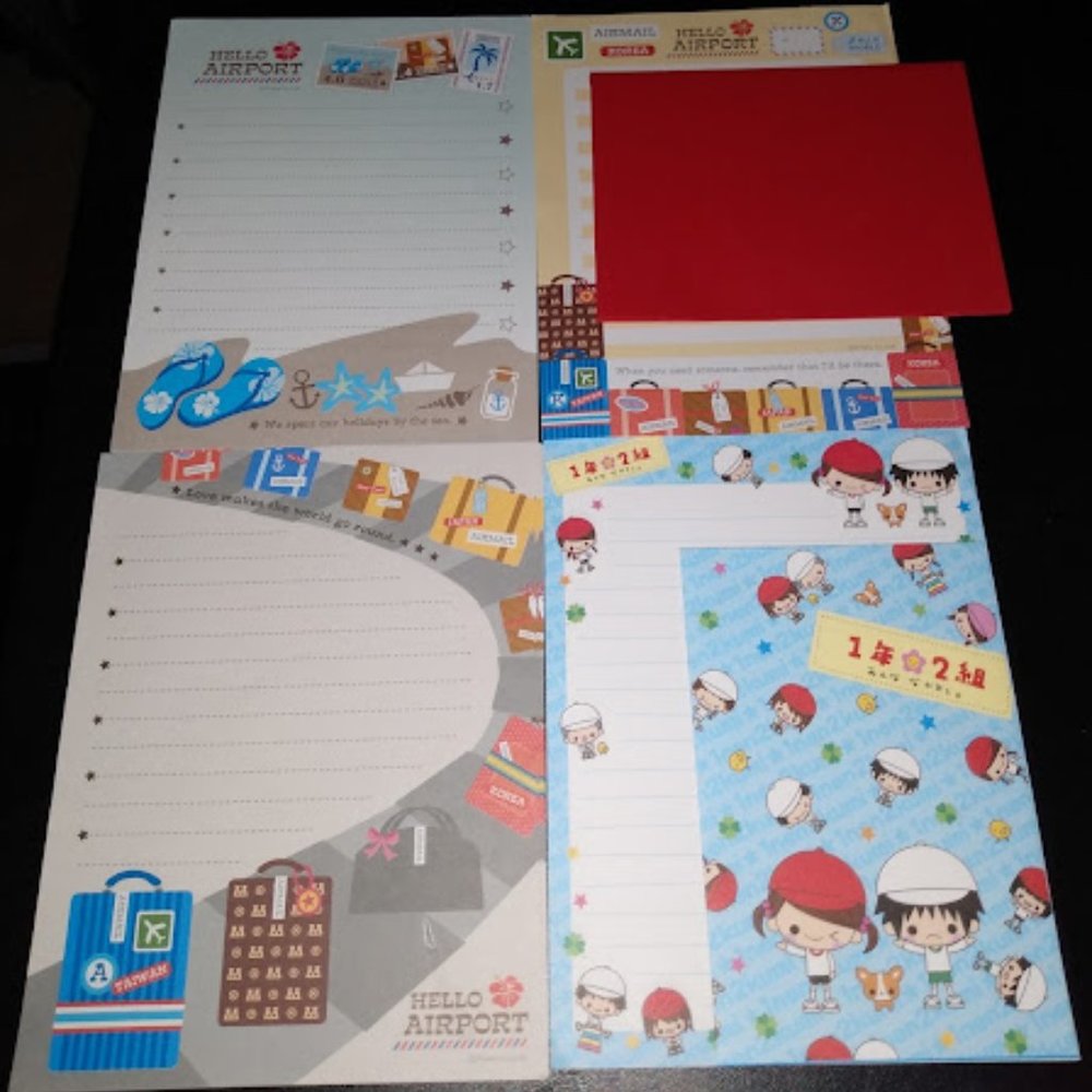 16pc LOT: TRAVEL LOVERS/CARTOON CHARACTER WRITING PAPER + ENVELOPES (4 DESIGNS)